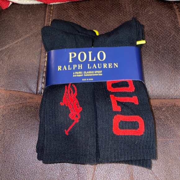 Polo Ralph Lauren Classic Sport 6-Pair Crew Socks Black w/ Big Red